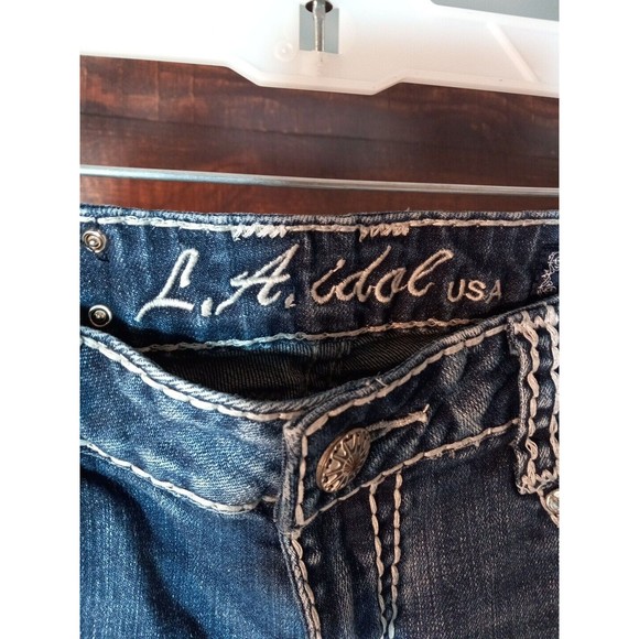 L.A.  idol Womens Juniors Distressed‎ Embroidered Rhinstones Skinny Jeans Size 7 - Picture 2 of 13